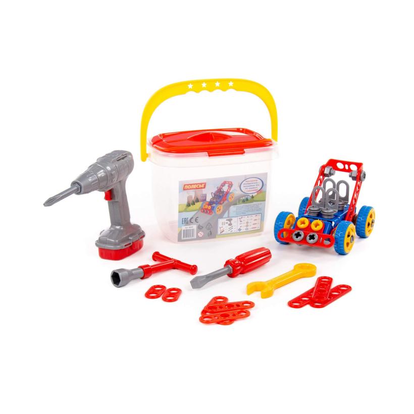 Конструктор Изобретатель Автомобиль №1 (91 элемент) и шуруповёрт, в ведёрке арт.58096