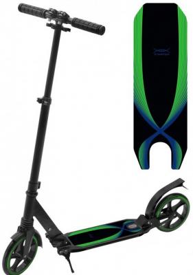 Самокат двухколесный X-Match с замком на руле 2 амортизатора 200 мм PU, черный/зеленый арт.641377