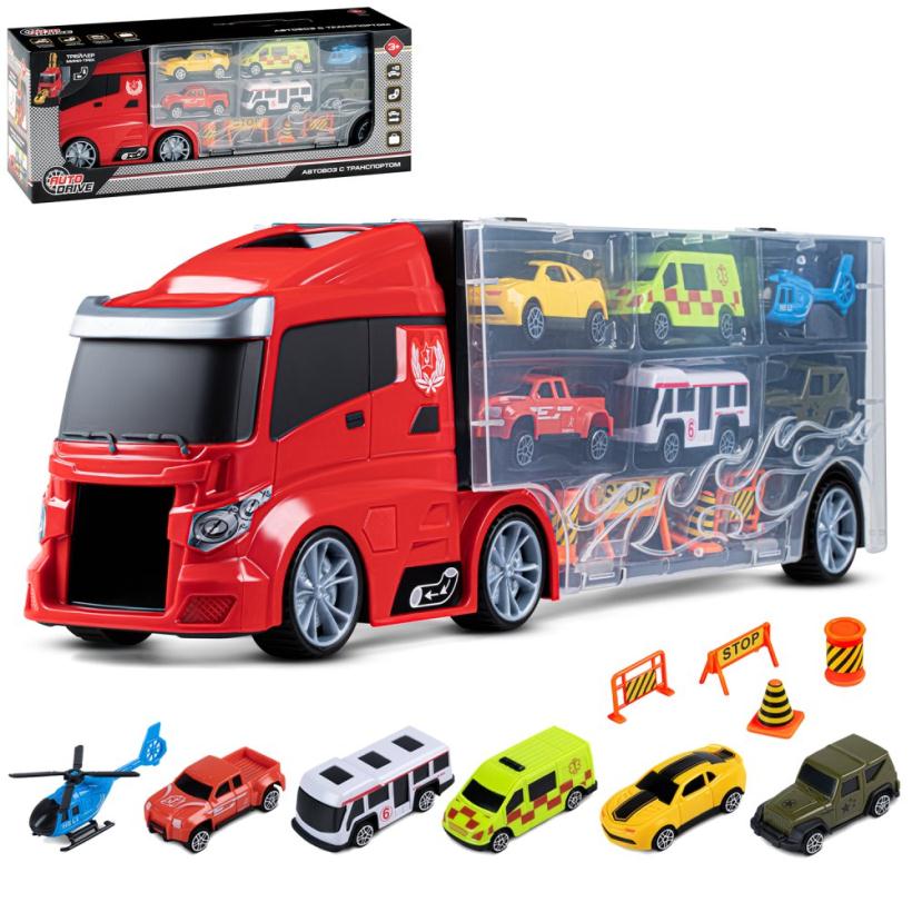 Автовоз AUTODRIVE с набором транспорта, в комплекте 5 машинок, вертолет, 4 знака