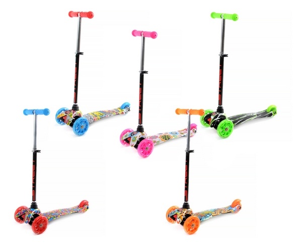 Самокат 3-х колесный с принтом, светящиеся колеса, разные расцветки арт.RR1-S