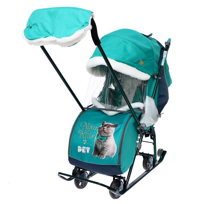 Санки-коляска Nika Наши детки 4-1 рисунок с котенком изумрудный арт.НДТ4-1/8