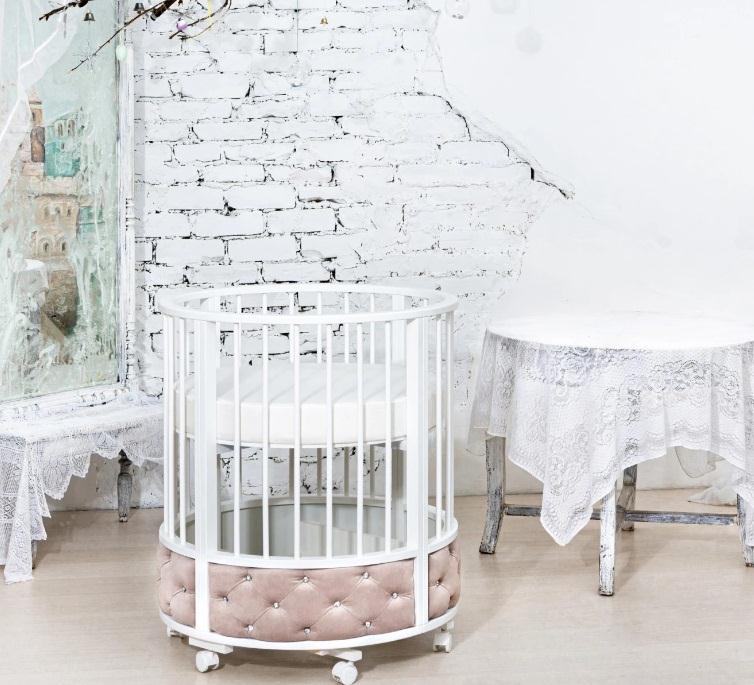 Кровать Островок уюта EVA декор VIP (велюр, стразы) поперечный маятник, колесо, пудра/белый