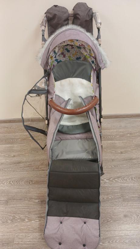 Санки-коляска Galaxy Glory Gloss пудровый с меховой отделкой