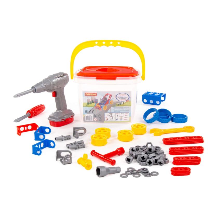 Конструктор Изобретатель Автомобиль №1 (91 элемент) и шуруповёрт, в ведёрке арт.58096