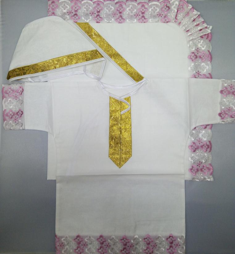 Набор для крещения (уголок, рубашка, чепчик) бязь розовый 0-3 мес арт.935