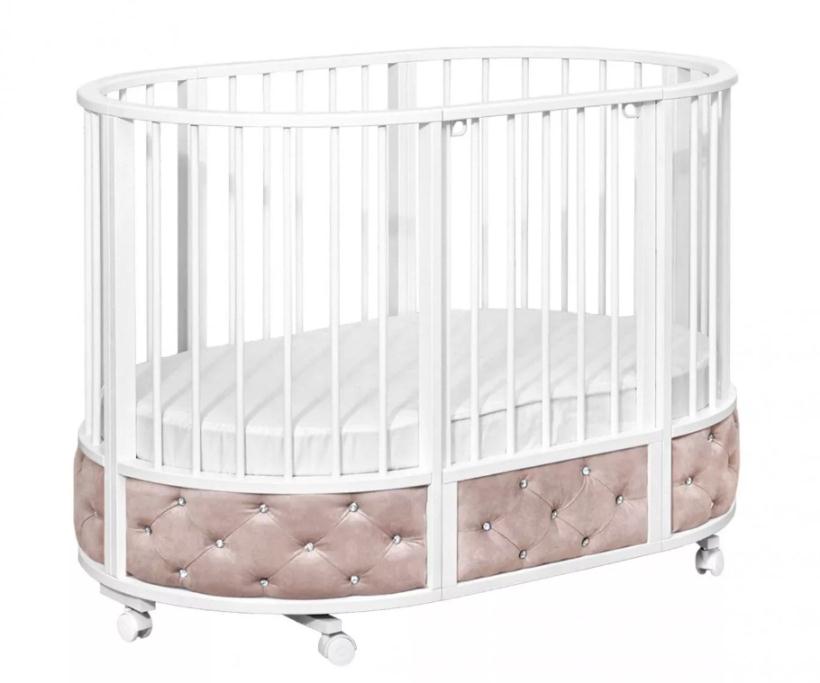 Кровать Островок уюта EVA декор VIP (велюр, стразы) поперечный маятник, колесо, пудра/белый