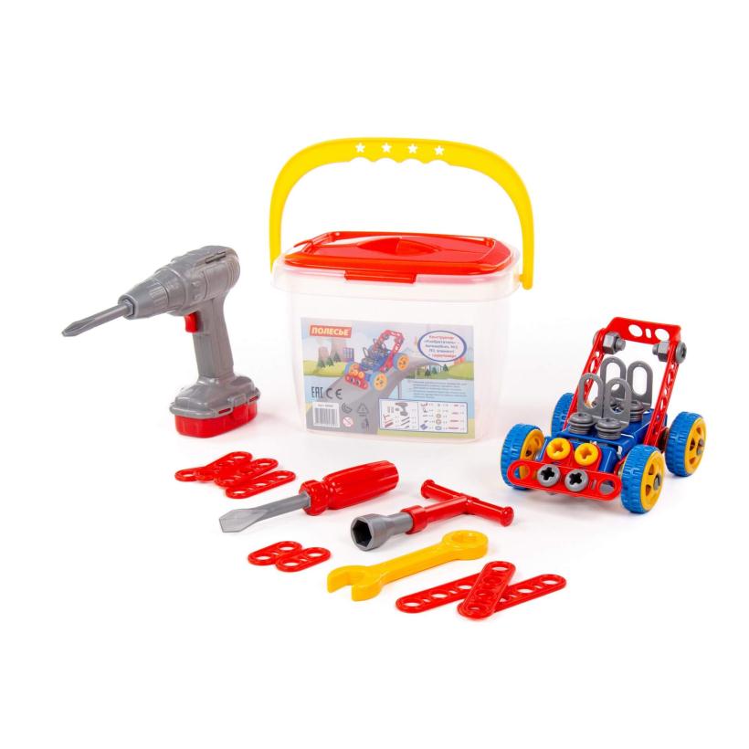 Конструктор Изобретатель Автомобиль №1 (91 элемент) и шуруповёрт, в ведёрке арт.58096