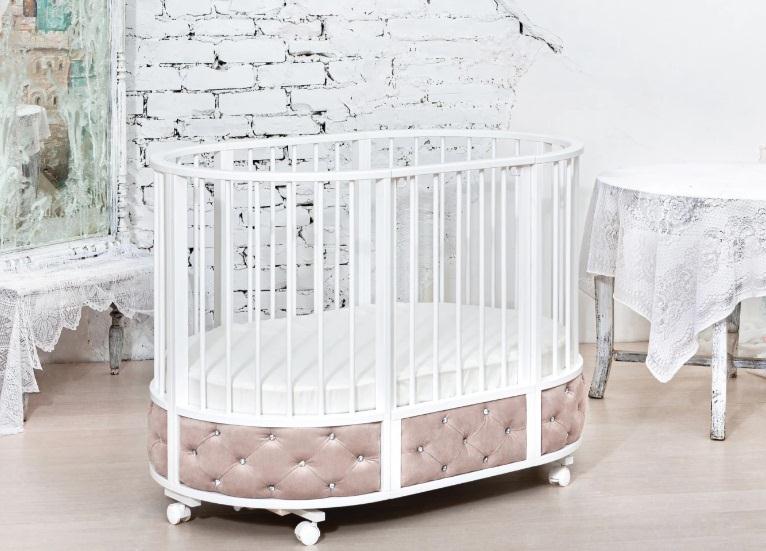 Кровать Островок уюта EVA декор VIP (велюр, стразы) поперечный маятник, колесо, пудра/белый