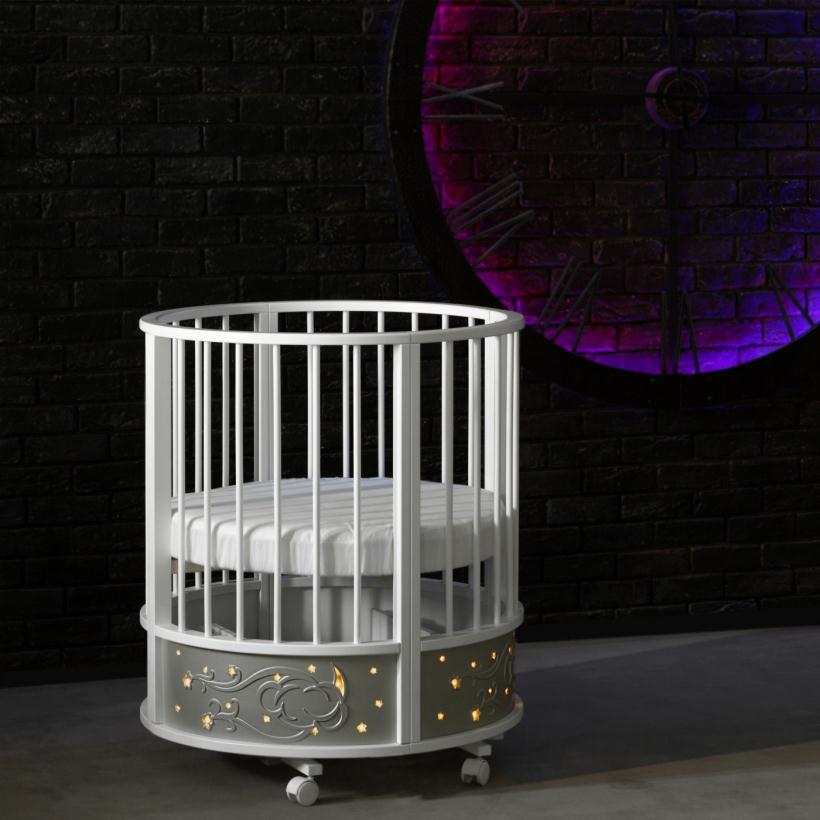 Кровать Островок уюта EVA с подсветкой Галактика, поперечный маятник, колесо, цвет серебро/белый