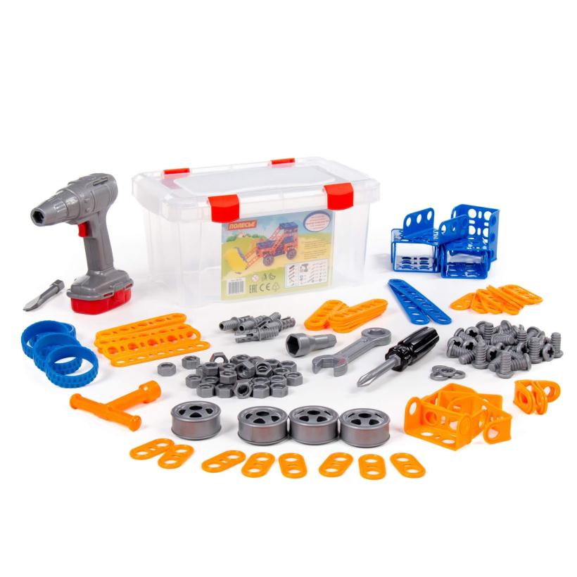 Конструктор Изобретатель Трактор-погрузчик №1 (142 элемента) и шуруповёрт, в контейнере арт.58119