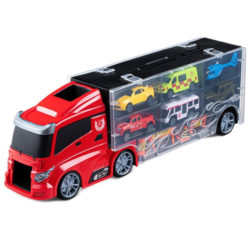 Автовоз AUTODRIVE с набором транспорта, в комплекте 5 машинок, вертолет, 4 знака