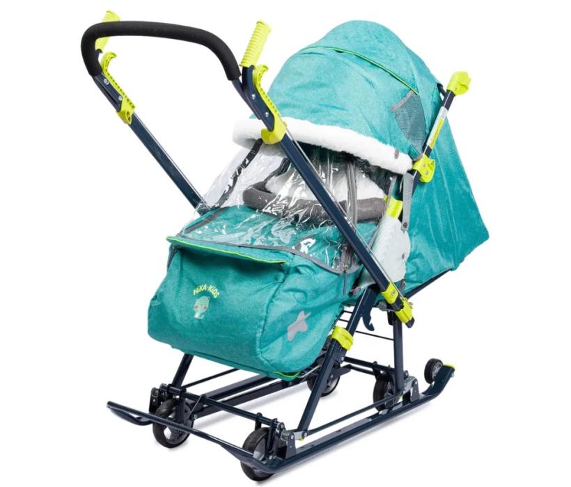 Санки коляска Ника детям 7-7 зеленый в джинсовом стиле