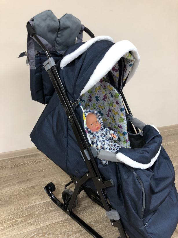 Санки-коляска Galaxy kids 1-1 Plus лен темно-синий