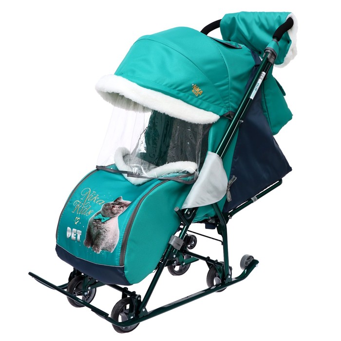 Санки-коляска Nika Наши детки 4-1 рисунок с котенком изумрудный арт.НДТ4-1/8