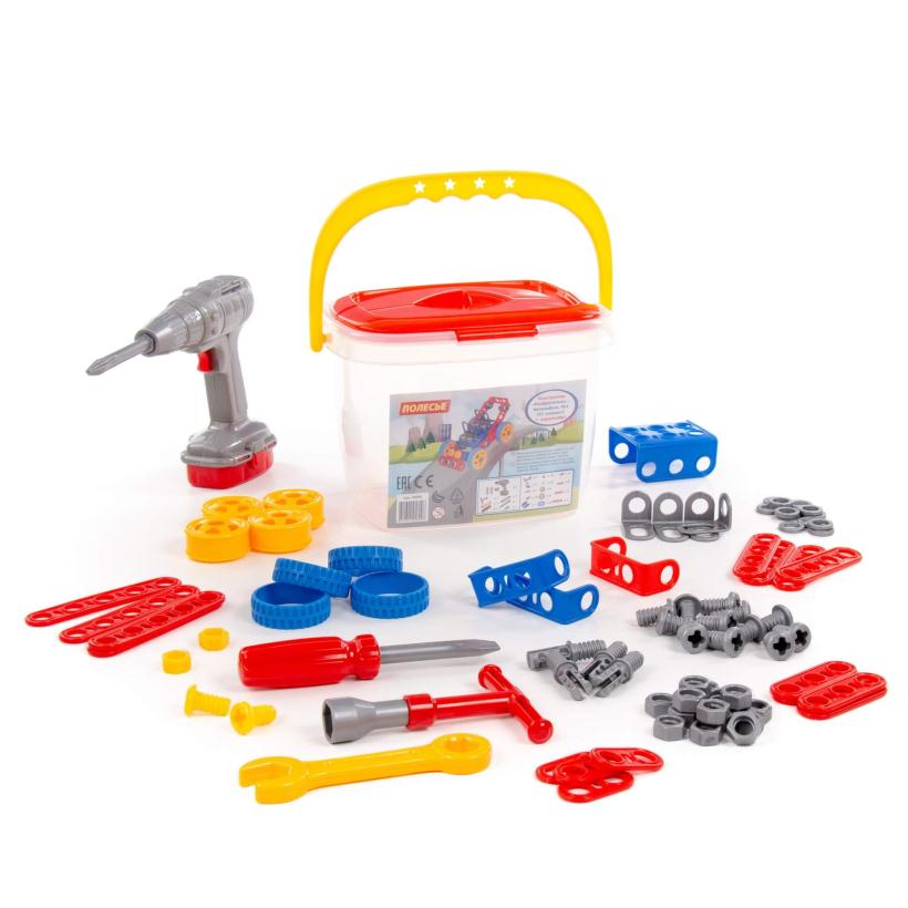 Конструктор Изобретатель Автомобиль №1 (91 элемент) и шуруповёрт, в ведёрке арт.58096