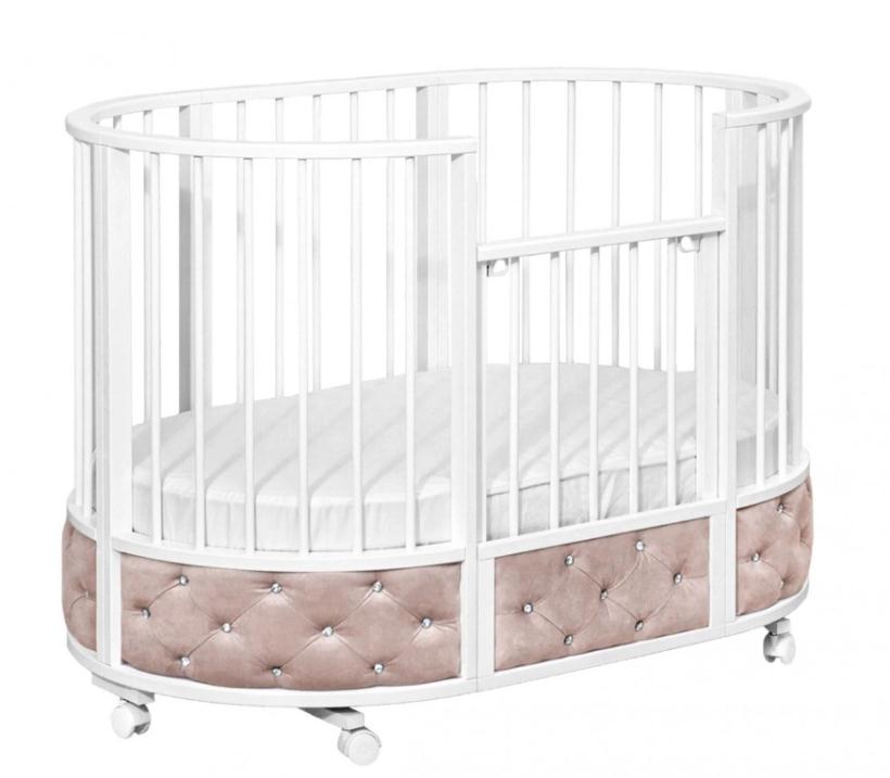 Кровать Островок уюта EVA декор VIP (велюр, стразы) поперечный маятник, колесо, пудра/белый