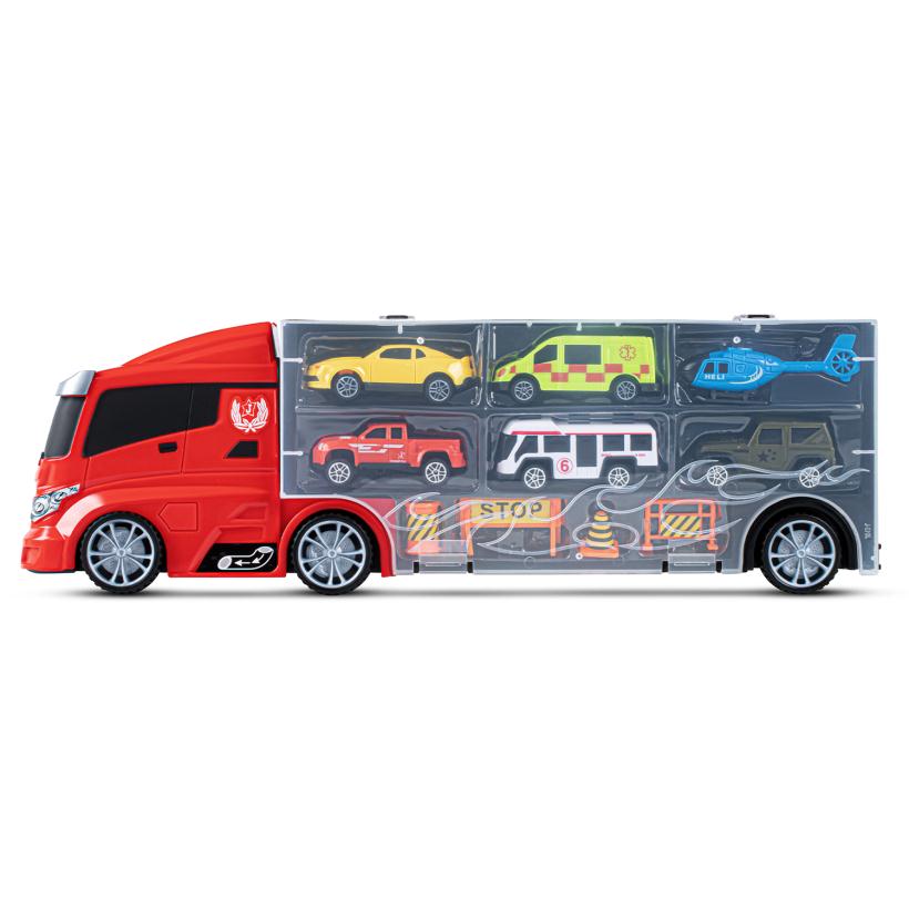 Автовоз AUTODRIVE с набором транспорта, в комплекте 5 машинок, вертолет, 4 знака