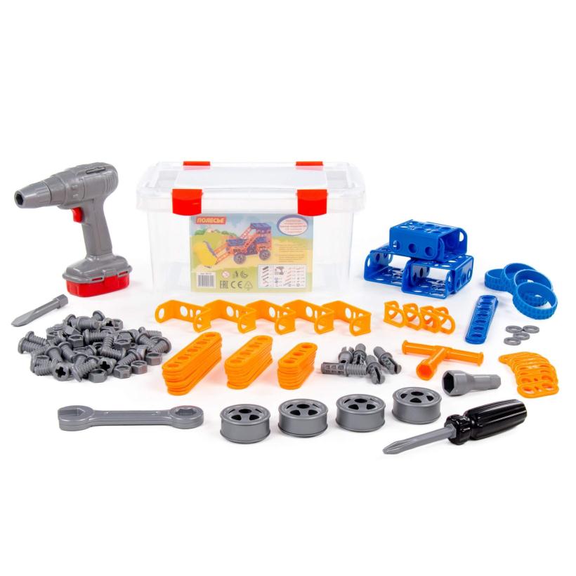 Конструктор Изобретатель Трактор-погрузчик №1 (142 элемента) и шуруповёрт, в контейнере арт.58119