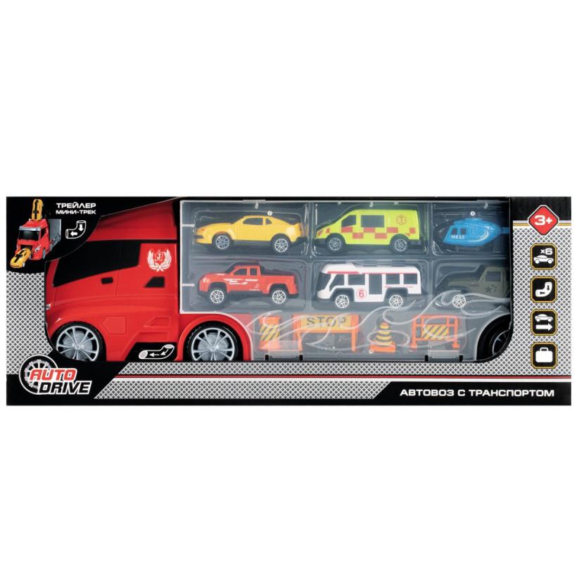 Автовоз AUTODRIVE с набором транспорта, в комплекте 5 машинок, вертолет, 4 знака
