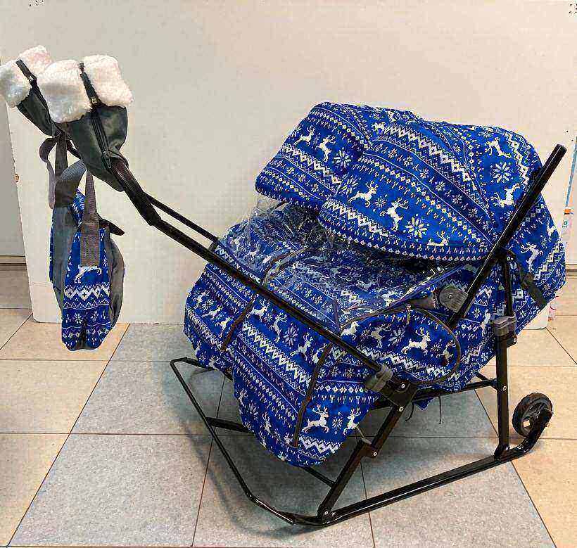 Санки коляска для двоих детей Galaxy Полярная ночь Олени на синем