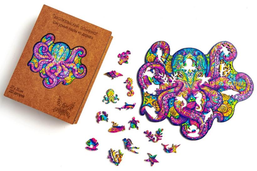 Деревянный пазл Puzzlewood "Тихоокеанский Осьминог" размер М 22*33 см 214 деталей