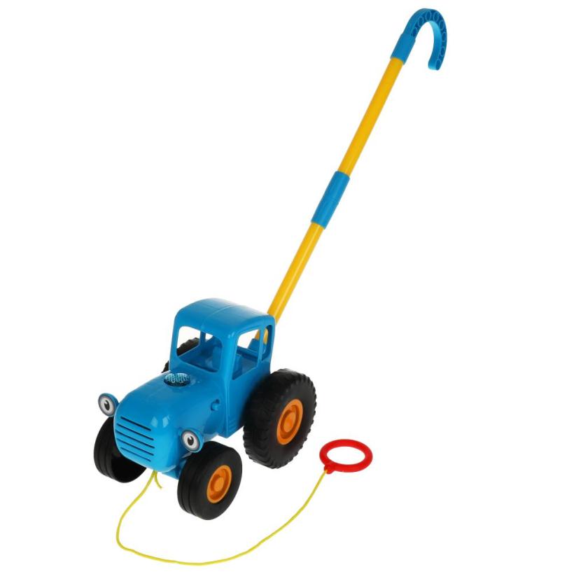 Каталка Синий трактор с палкой, 9 песен, свет, палка и веревка для катания арт.HT826-R