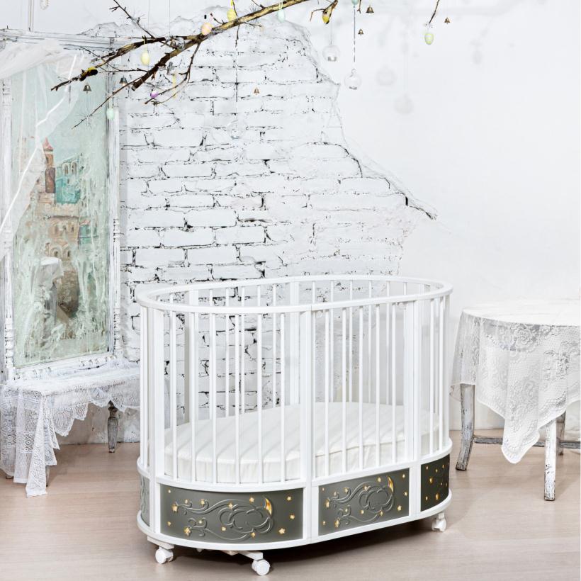 Кровать Островок уюта EVA с подсветкой Галактика, поперечный маятник, колесо, цвет серебро/белый