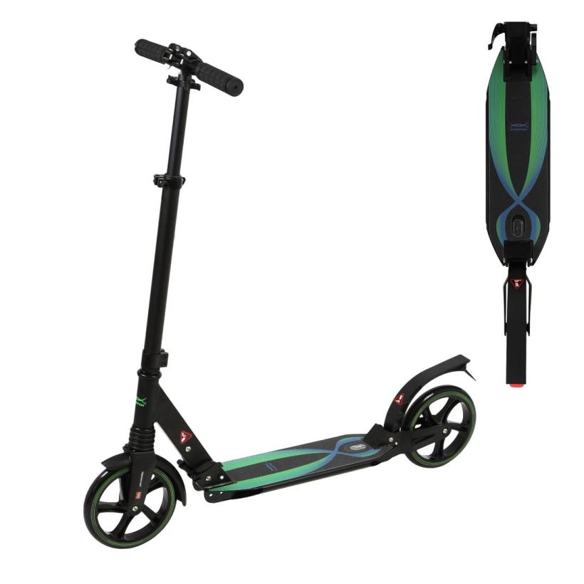 Самокат двухколесный X-Match с замком на руле 2 амортизатора 200 мм PU, черный/зеленый арт.641377