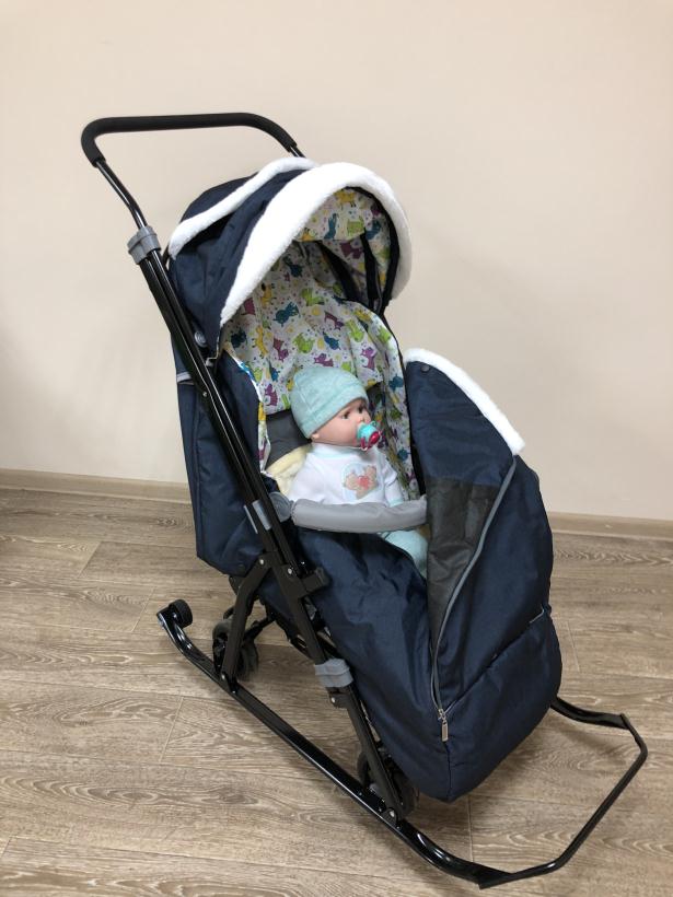 Санки-коляска Galaxy kids 1-1 Plus лен темно-синий