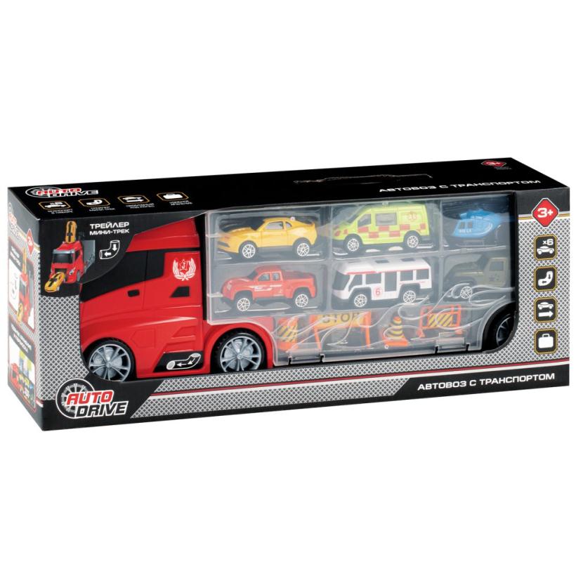 Автовоз AUTODRIVE с набором транспорта, в комплекте 5 машинок, вертолет, 4 знака