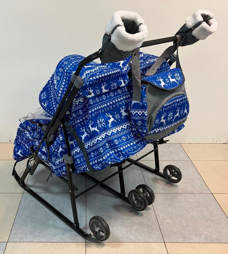 Санки коляска для двоих детей Galaxy Полярная ночь Олени на синем