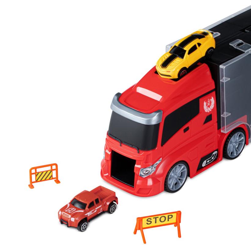 Автовоз AUTODRIVE с набором транспорта, в комплекте 5 машинок, вертолет, 4 знака