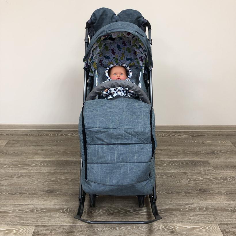 Санки-коляска Galaxy Snow kids 3-3С джинс серый с зеленым