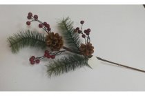 Украшение KWELT Ветка новогодняя 55 см, с ягодами и шишкой арт.К-07127