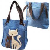 Сумка "KWEL" 35*30*12 Кошечки синий джинс, 1 отделение, на замке, боковые карманы, карман на молнии